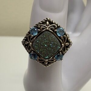 Elegant Blue Druzy & Blue Topaz Silver Ring